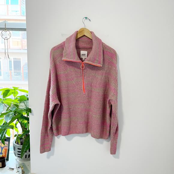 Aerie Pink & Brown Fuzzy Quarter Zip Sweater Size Large - Picture 1 of 5